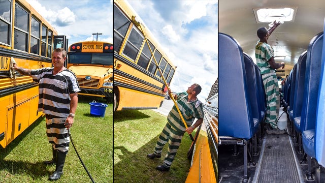 Inmates clean school buses before the start of the 2019-20 year