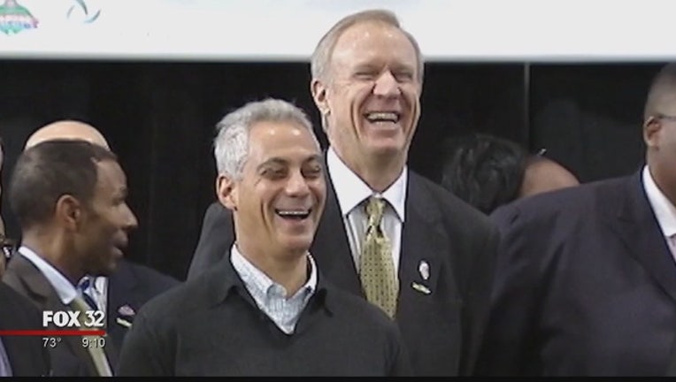 bruce rauner rahm emanuel smiling laughing