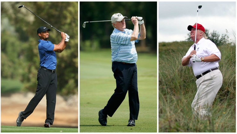 5b0f9dd6-GETTY IMAGES Tiger Woods, Jack Nicklaus and Donald Trump golfing