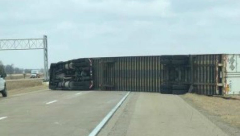 Truck blown over on I-39 north of I-80