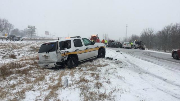 7cdd5ce8-Illinois State Police squad car damaged in crash on Sunday, March 3