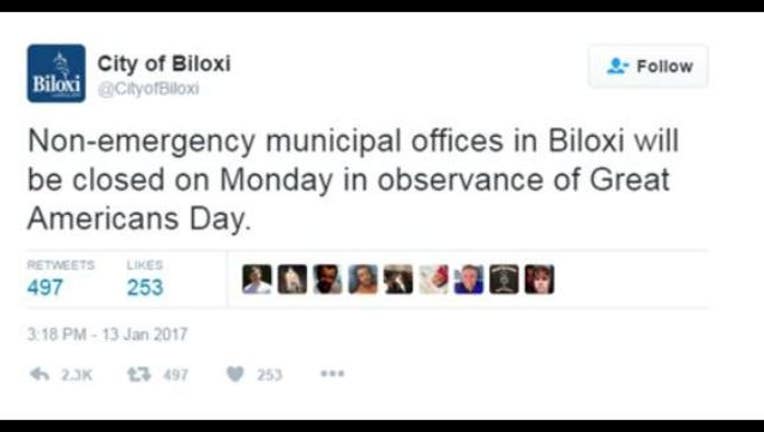 City of Biloxi tweet about Great Americans Day