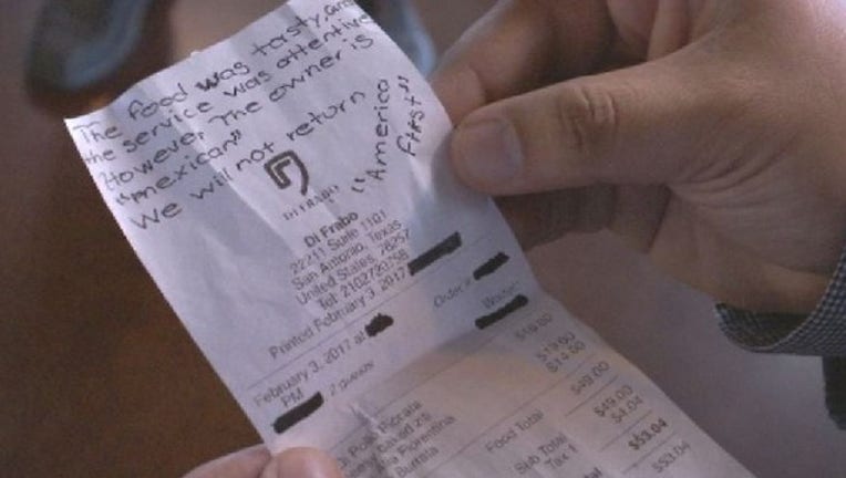 Message left on receipt for owner says You're Mexican so we won't be back. America First