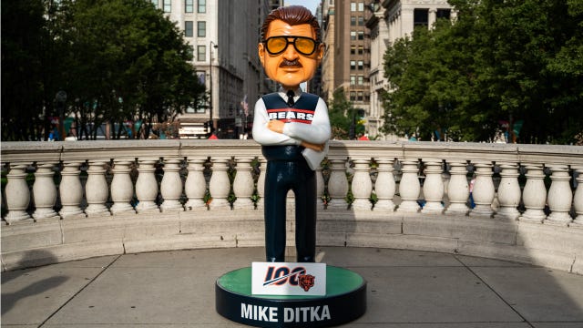 7-foot tall Mike Ditka bobblehead on display at Millennium Park