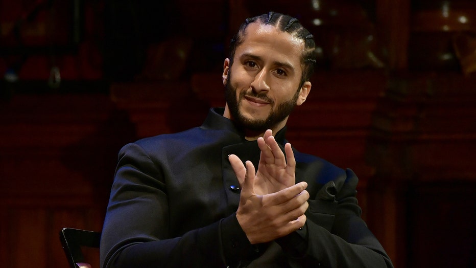 Colin Kaepernick on stage at the W.E.B. Du Bois Medal Award Ceremony at Harvard University on October 11, 2018 in Cambridge, Massachusetts. 