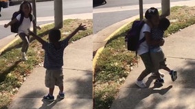 Adorable video shows excited toddler greeting big sister at school bus