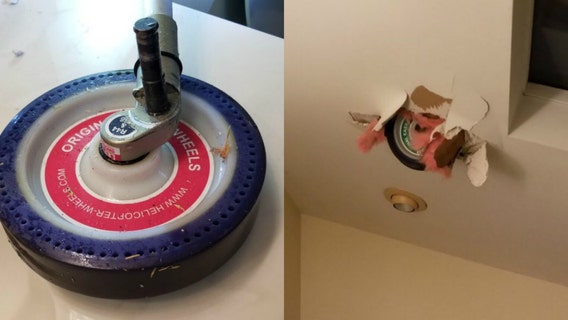 Helicopter wheel crashes through roof of suburban home, gets lodged in ceiling