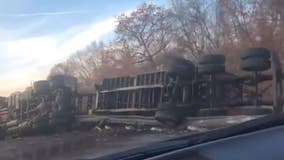 Semi rollover blocks I-80 lanes near New Lenox, prompts hazmat response