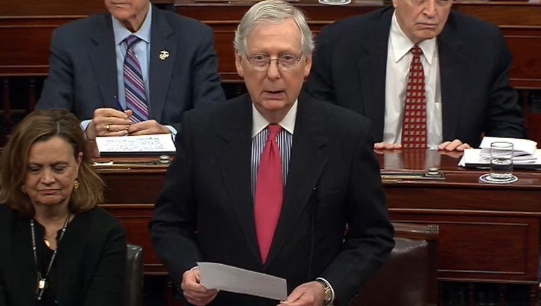 Sen. Mitch McConnell (R-Ky.) is shown in a file photo during the impeachment trial of President Donald Trump. (Photo by Senate Television via Getty Images)
