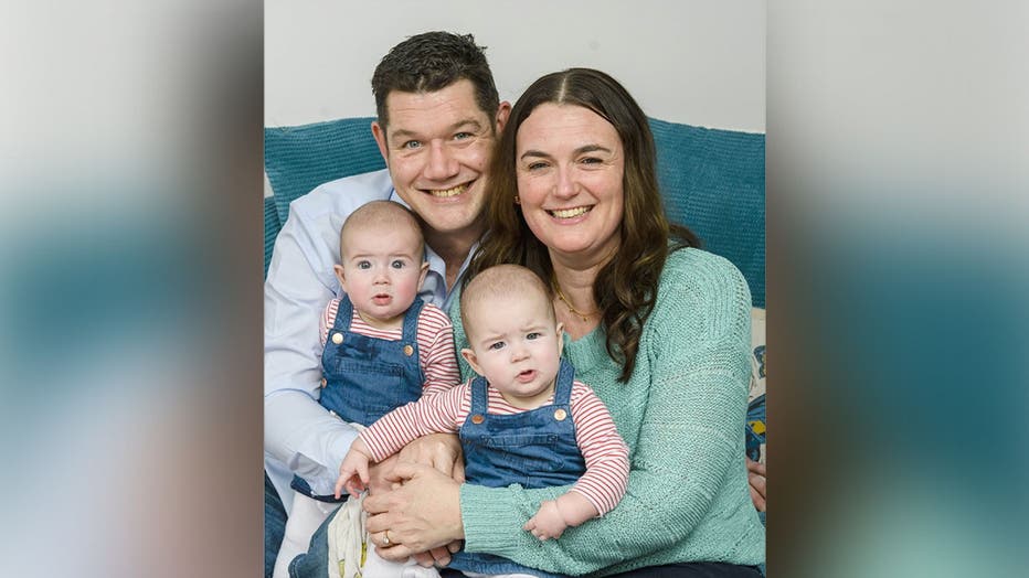 Rebecca Allen and her partner Andrew Kirkwood with the twins Luna (LEFT) and Seren Kirkwood (RIGHT)
