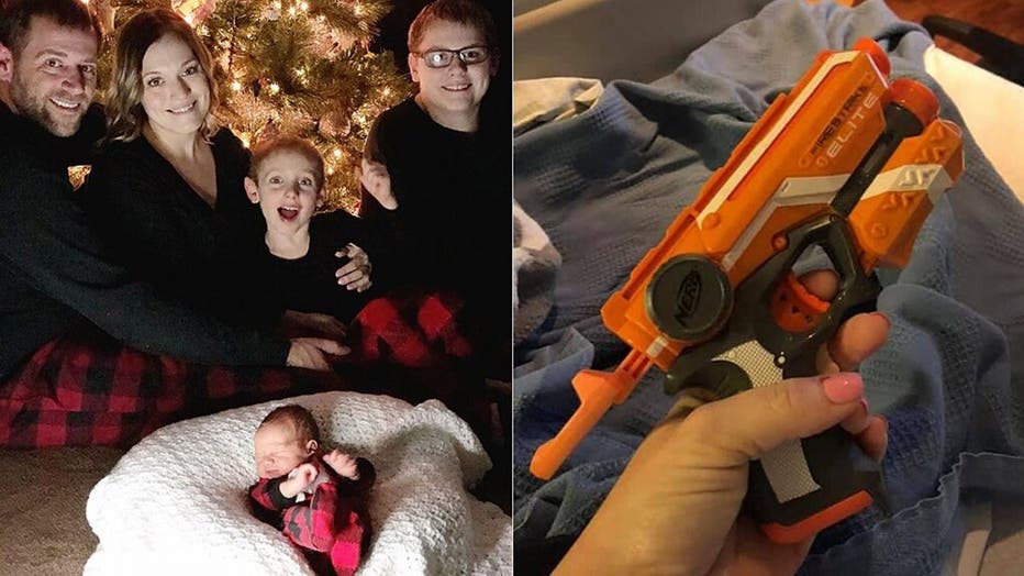 Samantha Mravik-Miller and family, pictured left, and the Nerf gun she jokingly brought to the hospital to keep her husband awake in December, pictured right.