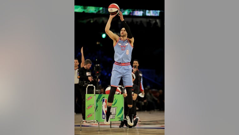 Zach LaVine #8 of the Chicago Bulls attempts a shot in the 2020 NBA All-Star - MTN DEW 3-Point Contest during State Farm All-Star Saturday Night at the United Center on February 15, 2020 in Chicago,