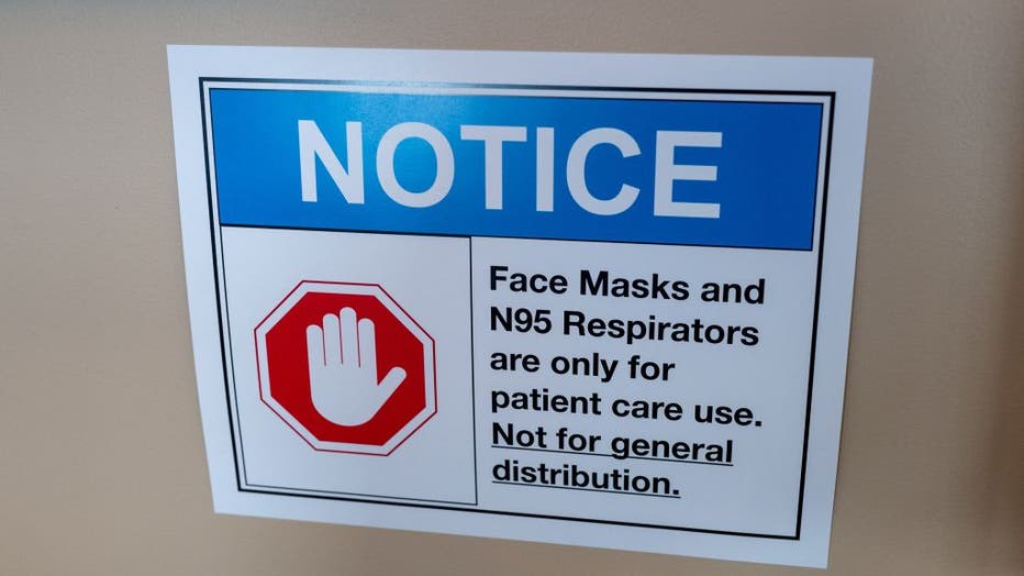 Close-up of sign warning visitors that surgical masks are for patient use only at a hospital in San Francisco, California, following a shortage of masks and N95 respirators during an outbreak of the COVID-19 coronavirus, March 12, 2020. 