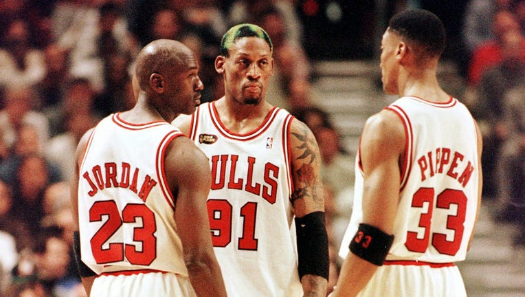 Chicago Bulls Dennis Rodman Michael Jordan and Famer Scottie