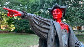 Christopher Columbus statue painted red at Houston park