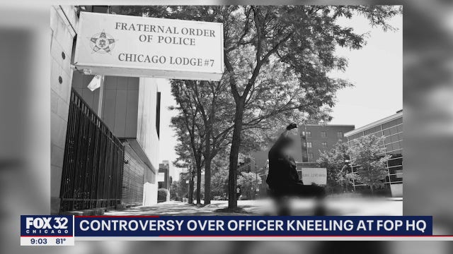 Controversy surrounds photo of Chicago cop kneeling outside police union office