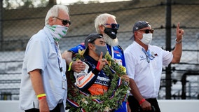 Takuma Sato wins Indy 500, celebrates with David Letterman, Bobby Rahal and Mike Lanigan