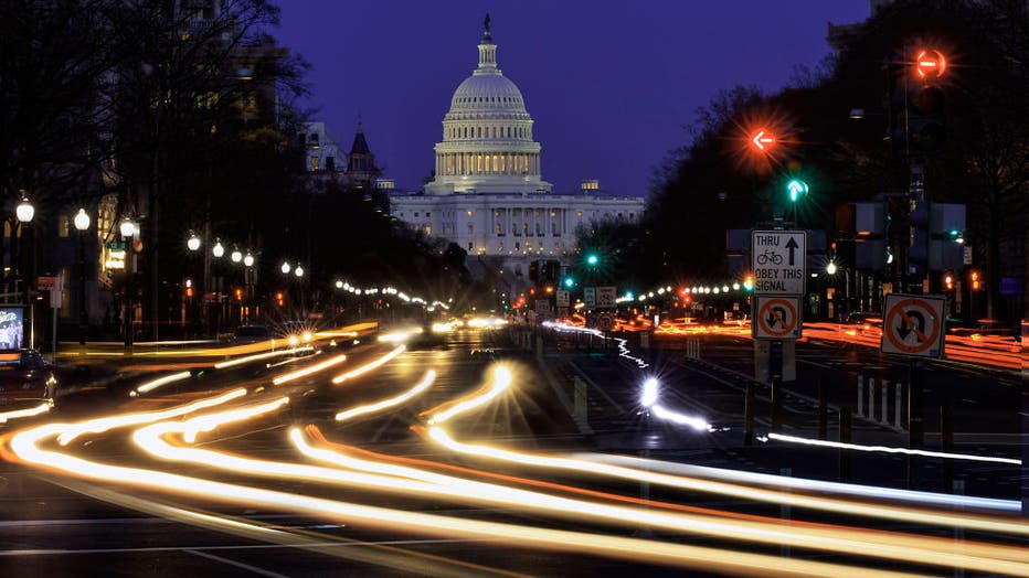 Pennsylvania Ave to US Capitol with Streaked lights during evening rush hour