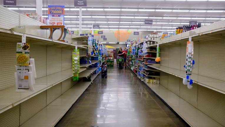 Toilet paper shelves are empty at a Save Mart supermarket
