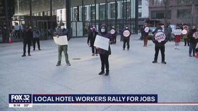 Unionized hotel workers rally in Federal Plaza demanding to be rehired when economy improves