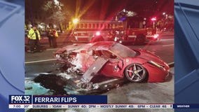 Occupants of a rented red Ferrari suffered minor injuries in Lake Shore Drive roll-over crash