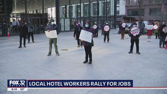 Unionized hotel workers rally in Federal Plaza demanding to be rehired when economy improves