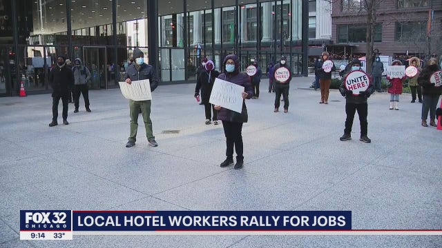 Unionized hotel workers rally in Federal Plaza demanding to be rehired when economy improves