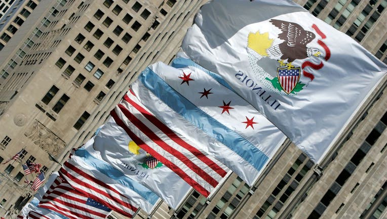 Flags on Michigan Avenue bridge