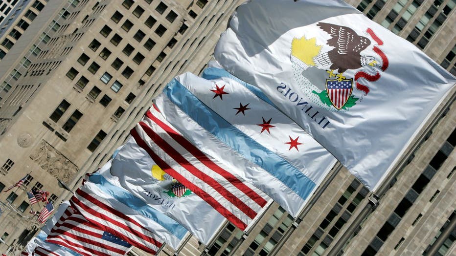 Flags on Michigan Avenue bridge