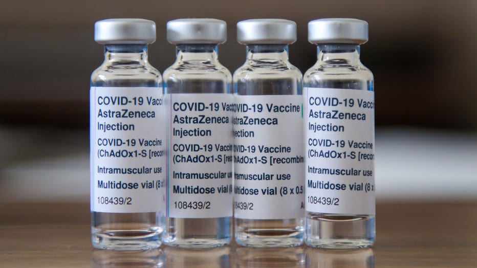 Vials containing Oxford/AstraZeneca Covid-19 vaccine are