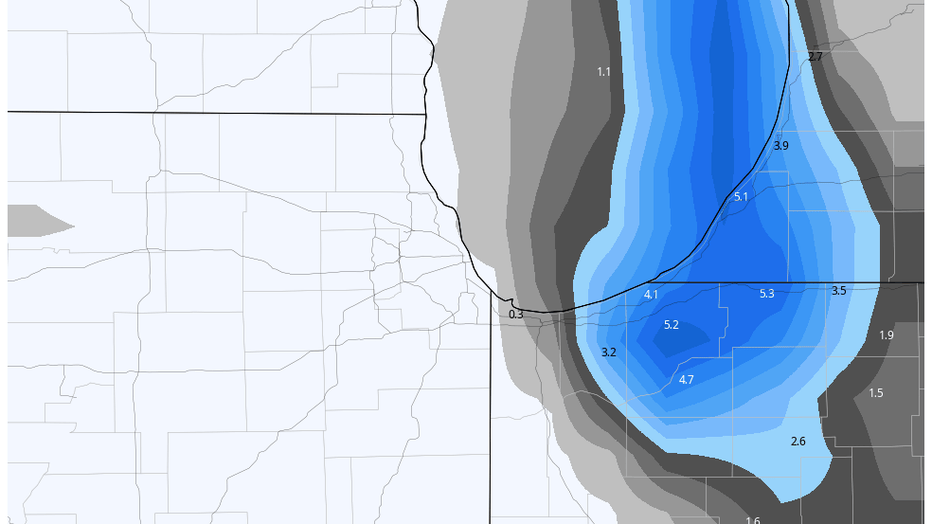 GFS Model Total Snowfall Forecast Through Next Monday morning