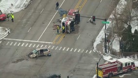 Palatine fire truck flipped onto its side after crash with minivan