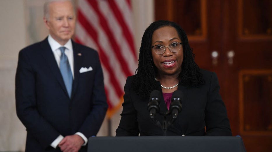 Judge Ketanji Brown Jackson, with President Joe Biden, speaks after she was nominated for Associate Justice of the US Supreme Court, in the Cross Hall of the White House in Washington, D.C., on Feb. 25, 2022. (Photo by SAUL LOEB/AFP via Getty Images)