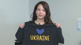 Chicago shop owner selling blue and yellow shirts, tote bags in support of Ukraine