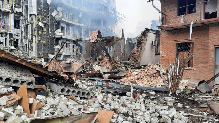 FILE - A view of damaged civil settlements after Russian attacks in Kharkiv, Ukraine on March 3, 2022. (Photo by State Emergency Service of Ukraine/Anadolu Agency via Getty Images)