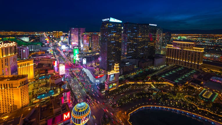 9b21d9dc-Panoramic View of Las Vegas Nevada at night with neon from Paris Eifel Tower view spot