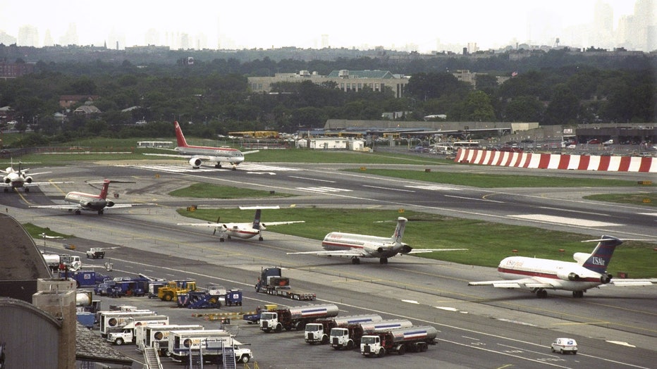 View from FAA control tower at LaGuardia Airport. Planes tak