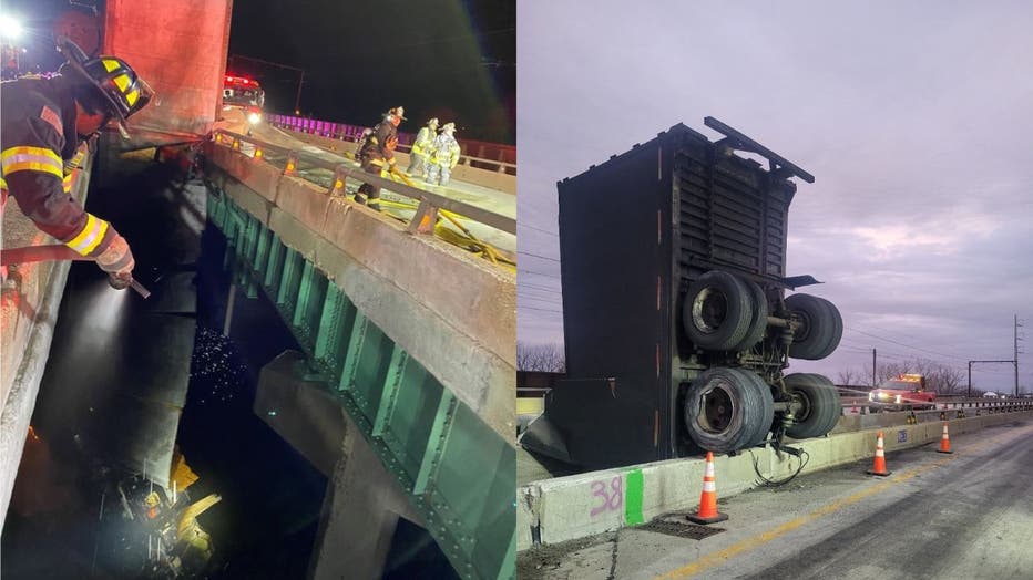 UPS truck left dangling off bridge on Indiana Toll Road after bizarre crash