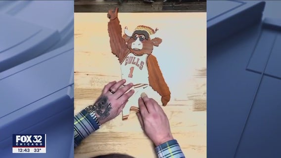 Artist creates Chicago's Benny the Bull out of hardwood from 1993 finals