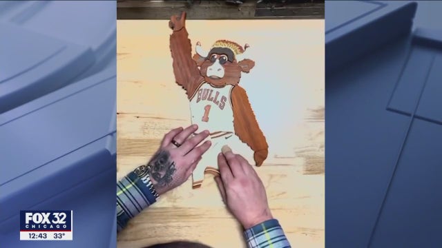 Artist creates Chicago's Benny the Bull out of hardwood from 1993 finals