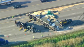 Rollover semi hauling 30K pounds of plywood blocks WB I-80/94 in Lake Station