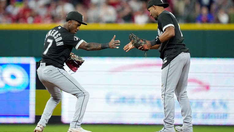 Elvis Andrus of the Chicago White Sox celebrates with Luis Robert Jr.  News Photo - Getty Images