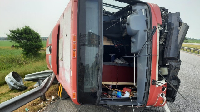 Bus rolls over on I-65 in NW Indiana