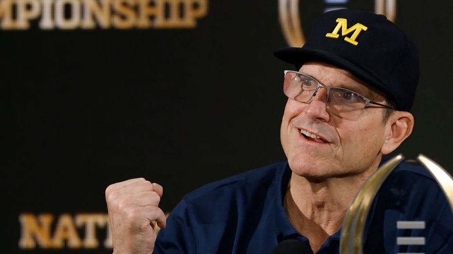 Michigan Wolverines head coach Jim Harbaugh speaks to the media following the CFP National Championship against the Washington Huskies on Jan. 8, 2024, at NRG Stadium in Houston, Texas. (Photo by Joe Robbins/Icon Sportswire via Getty Images)