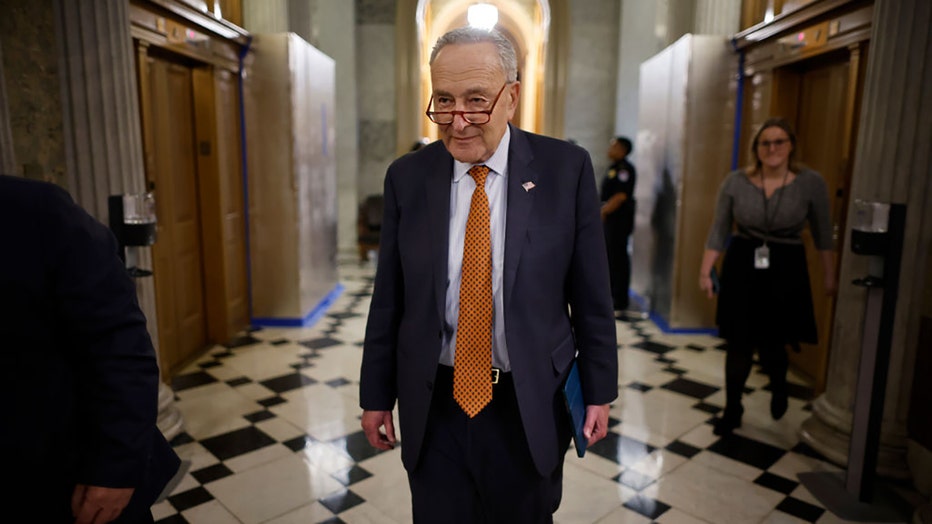 Senate Majority Leader Charles Schumer (D-NY) walks out of the Senate Chamber following a series of votes at the U.S. Capitol on Feb. 12, 2024, in Washington, DC. (Photo by Chip Somodevilla/Getty Images)