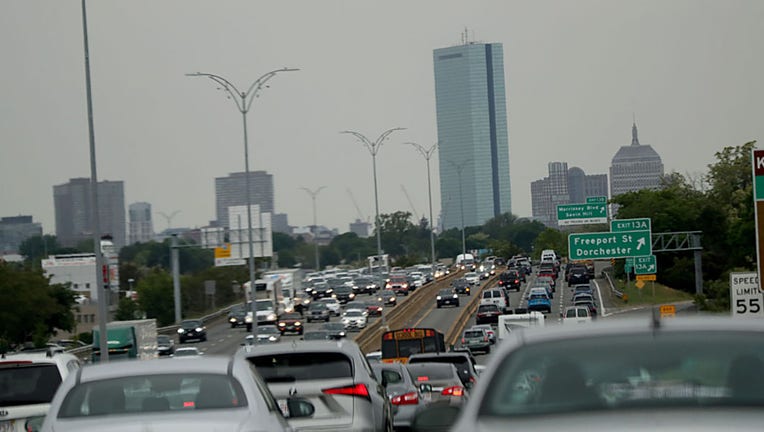 FILE - Traffic on 93 looking North toward Boston ahead of the Memorial Day Weekend in Boston on May 28, 2021. (Photo by Suzanne Kreiter/The Boston Globe via Getty Images)