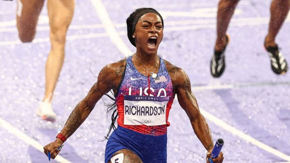 Sha'Carri Richardson chases down 2 competitors in rain to end her first Olympics with a relay gold
