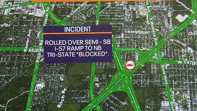 Cook County crash: Semi-truck rolled over at I-57 and I-294