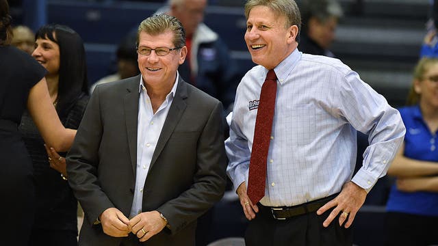 Future Hall of Famer, long-time UConn coach Geno Auriemma reacts to DePaul's Doug Bruno stepping down