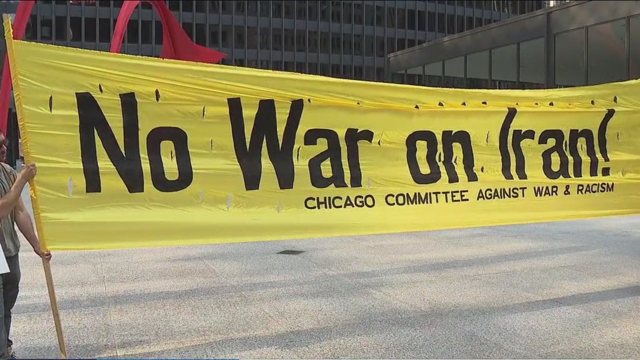 Activists gathered in Federal Plaza to denounce U.S. air strikes on Iran